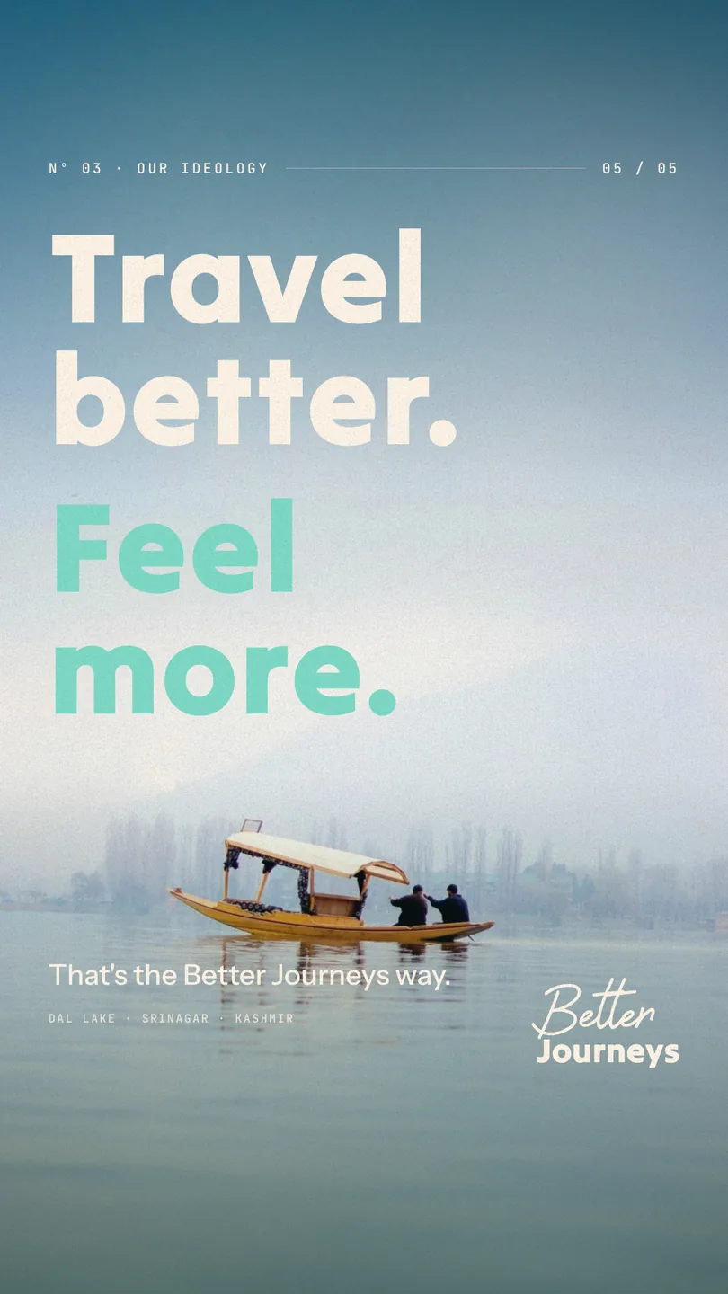 A boat on a still lake under the words Travel better. Feel more.