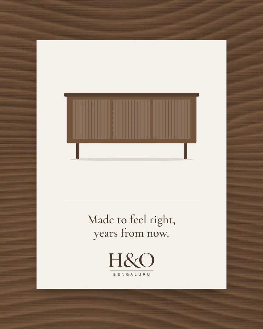A sideboard on a cream card over walnut grain
