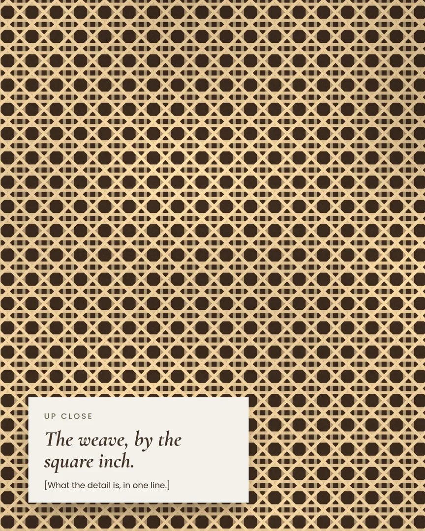 Cane weave, close up, with a small label