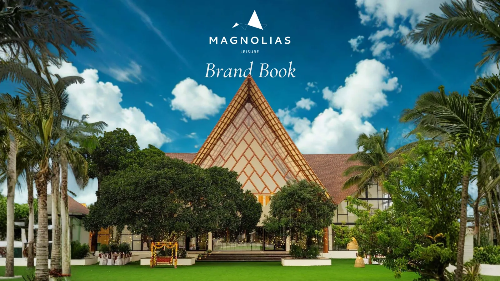 The Magnolias Leisure venue under a blue sky, with the brand book title