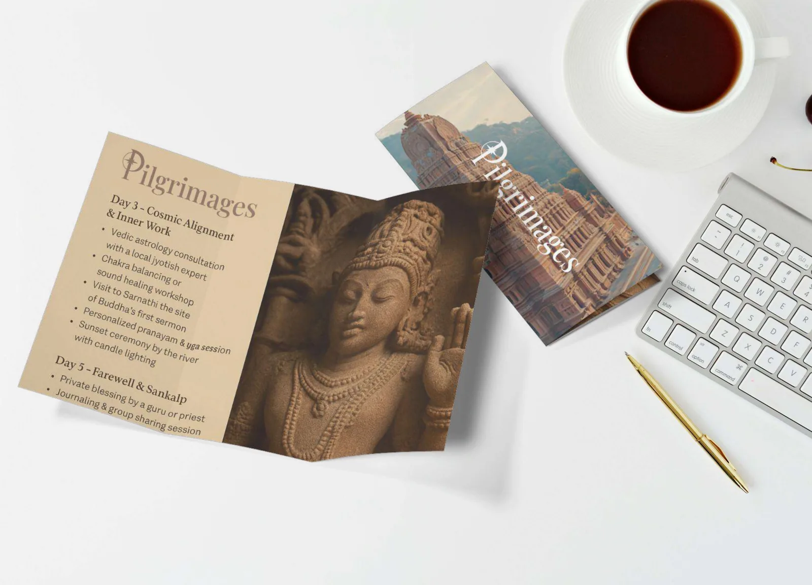 A folded Pilgrimages brochure on a desk