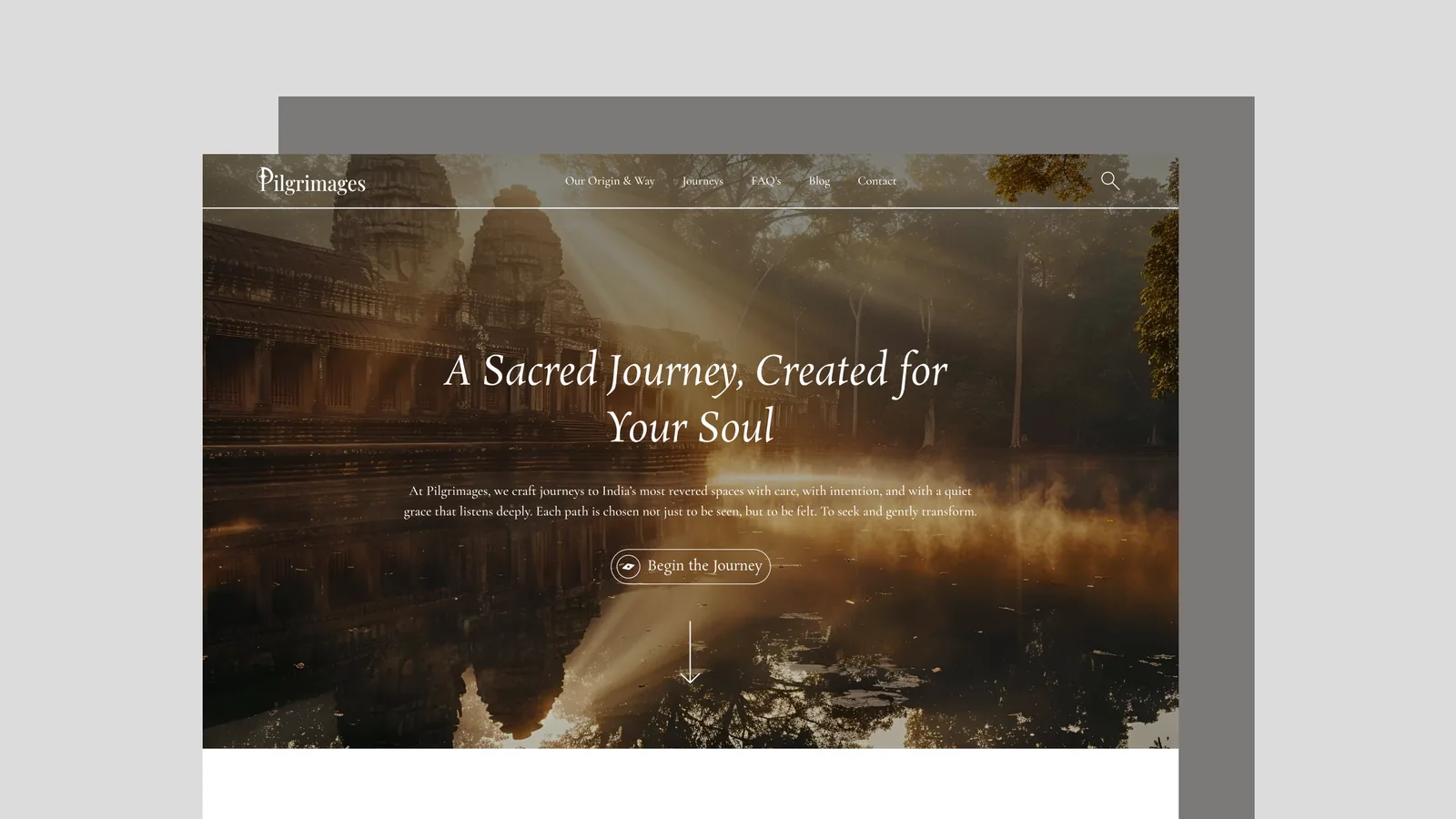Website design: the opening screen, "A sacred journey, created for your soul"