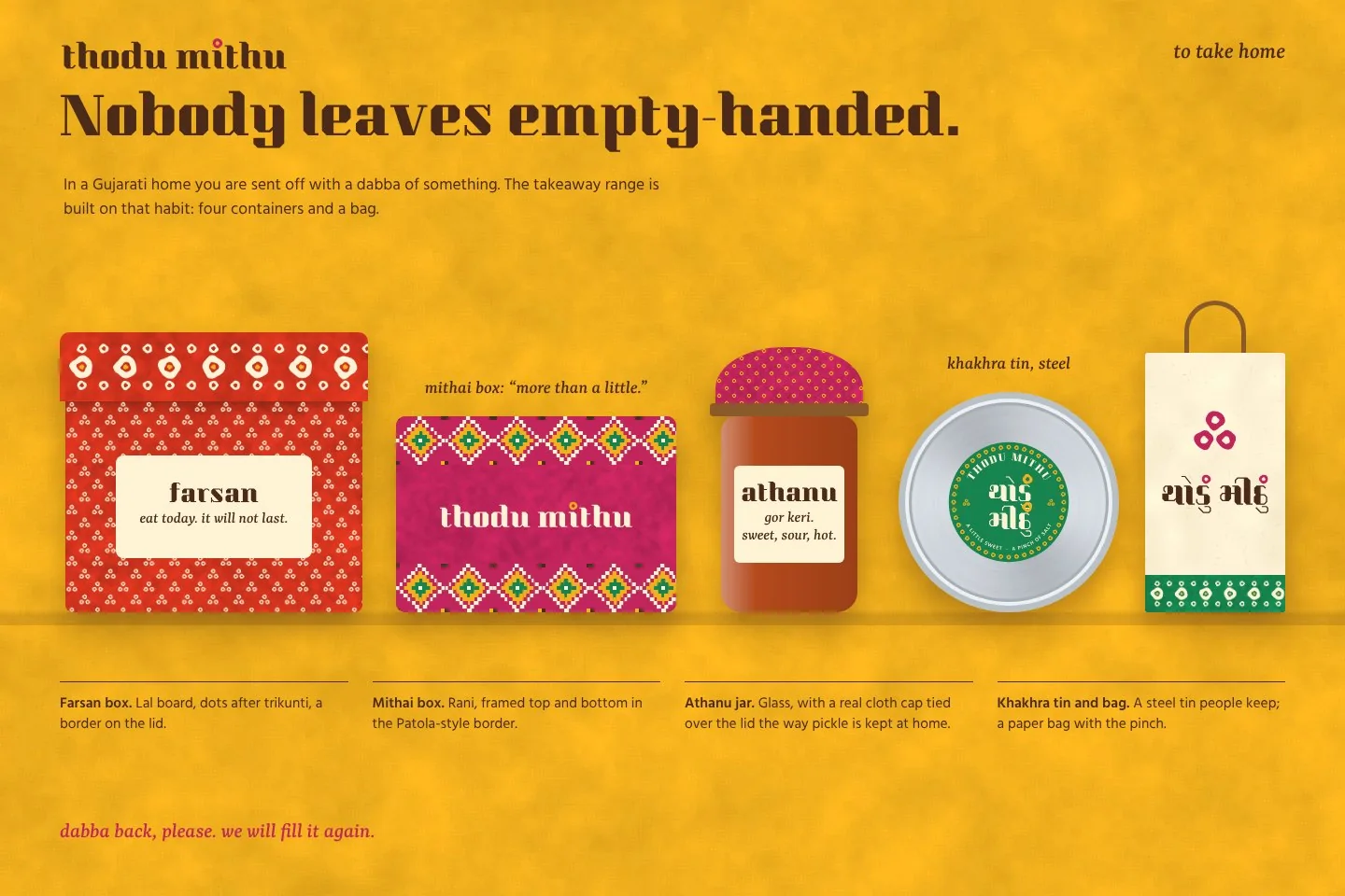 Thodu Mithu: to take home